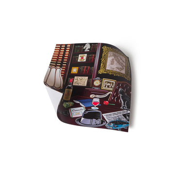 A desk print featuring elements from the Godfather movie, including a desk with books and a chair, with a film reel and movie-related decor.